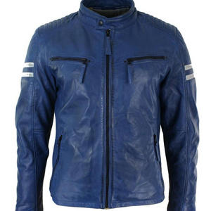 Men's Slim Fit Genuine Leather Jacket, Biker Racing Blue Stripes Vintage Jackets Custom design Fashionable