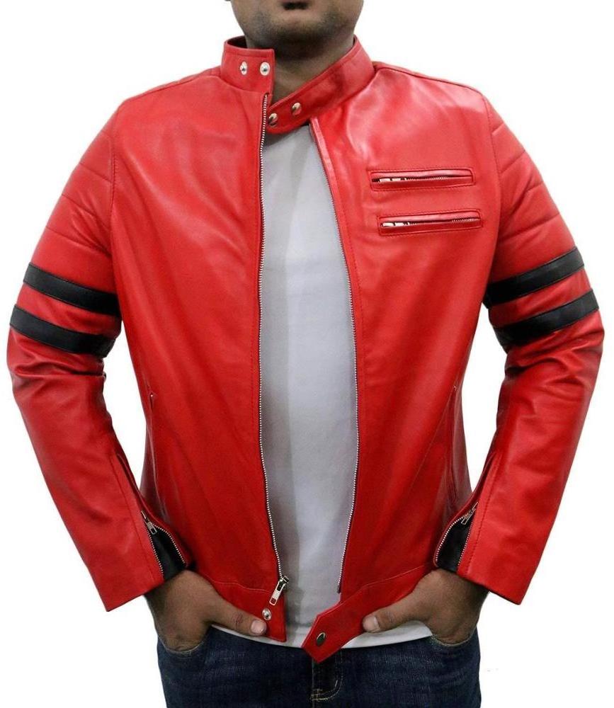 Handmade Red Jacket, Men Black Strips Genuine Lambskin Motorcycle leather Jackets motorcycle jacket custom logo patch