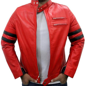 Handmade Red Jacket, Men Black Strips Genuine Lambskin Motorcycle leather Jackets motorcycle jacket custom logo patch