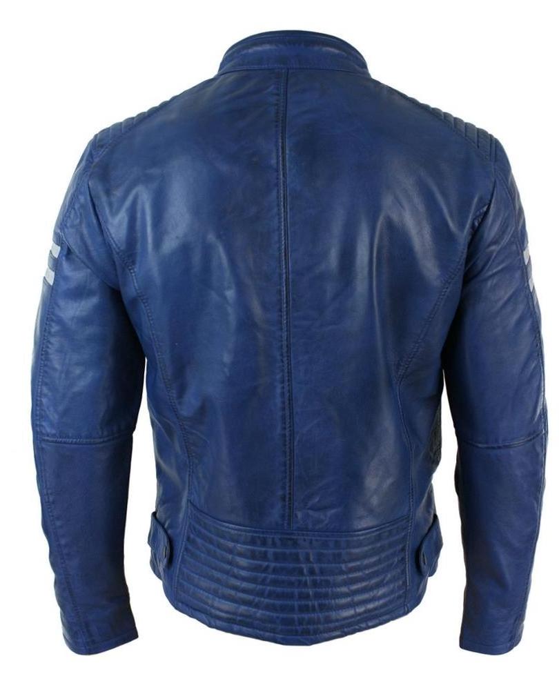 Men's Slim Fit Genuine Leather Jacket, Biker Racing Blue Stripes Vintage Jackets Custom design Fashionable