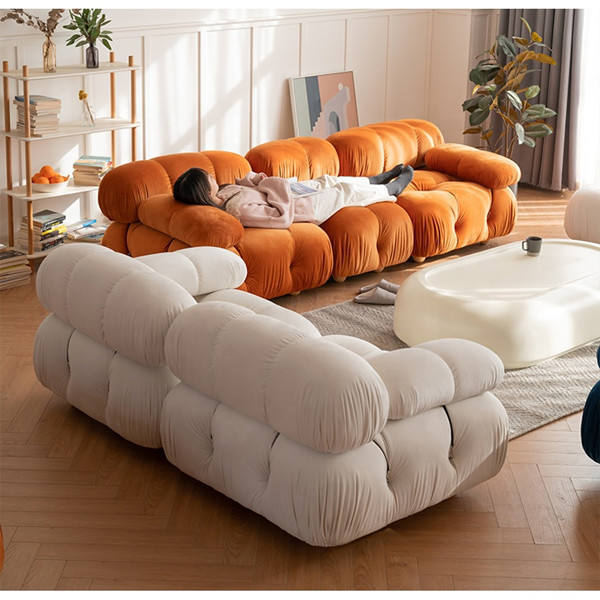 Designer Overstuffed Plush Deep Seat Bouncy Puffy Couch Cream White Teddy Boucle Sofa