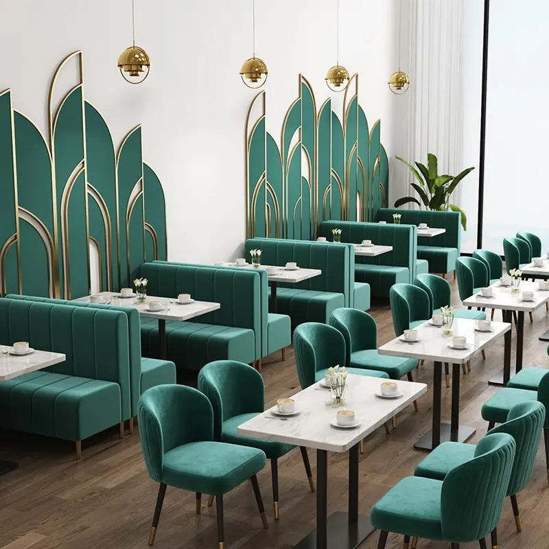 Modern Restaurant Furniture Velvet Green Booth Seats Cafeteria Sofa Cafe Table And Chairs Set for restaurant and bars