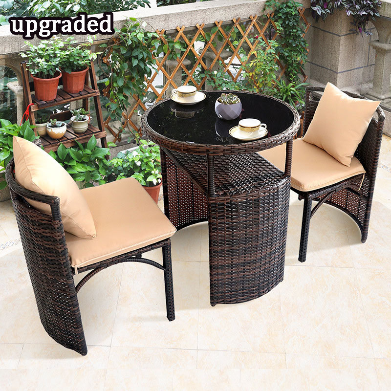 Space-saver Patio Balcony Furniture 3Pcs Rattan Outdoor Cafe Table And Chairs Set For 2