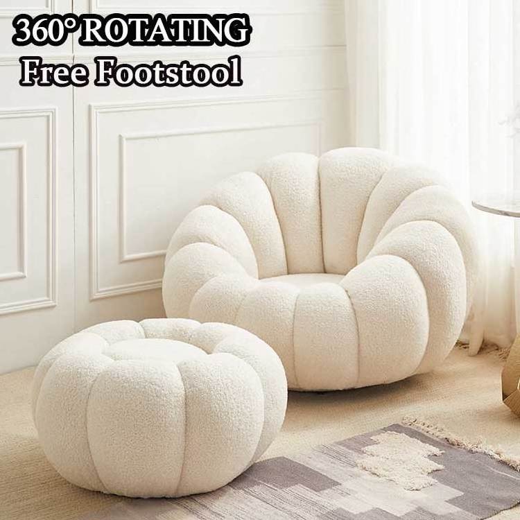 Boconcept Cream White Channeled Pumpkin Shaped Boucle Swivel Sherpa Lounge Chair With Footstool