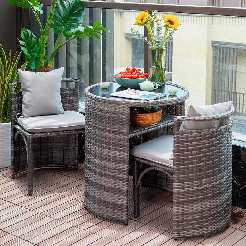 Space-saver Patio Balcony Furniture 3Pcs Rattan Outdoor Cafe Table And Chairs Set For 2