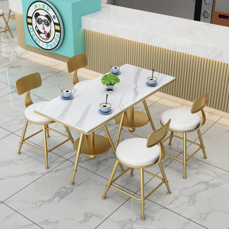 light luxury Height Adjustable White Golden Dessert Ice Cream Shop Cafe Item Table And Chair