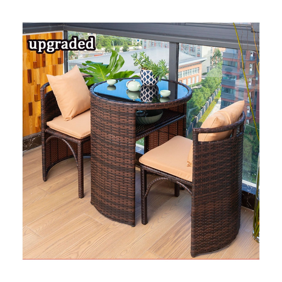 Space-saver Patio Balcony Furniture 3Pcs Rattan Outdoor Cafe Table And Chairs Set For 2