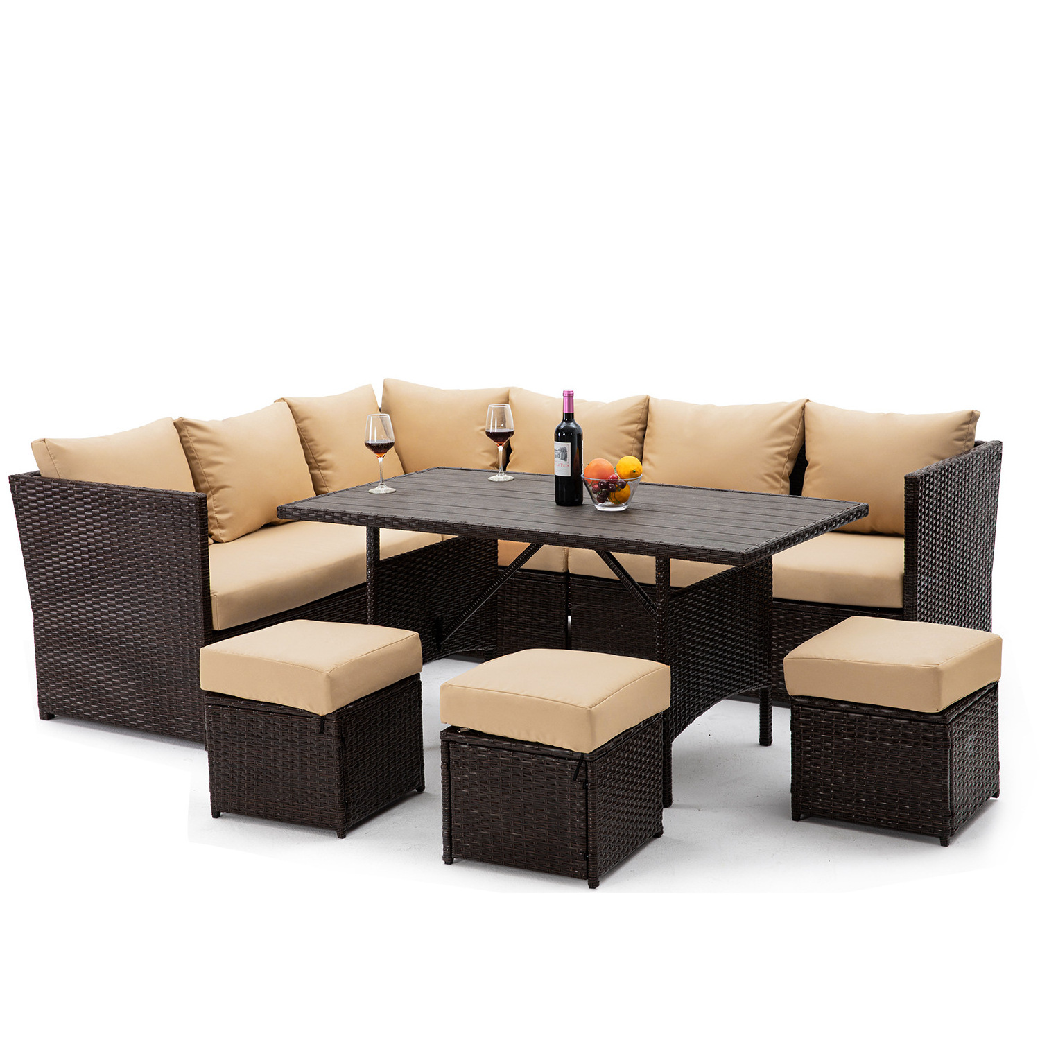 Stock garden furniture set 6pcs outdoor sectional sofa and fireplace table