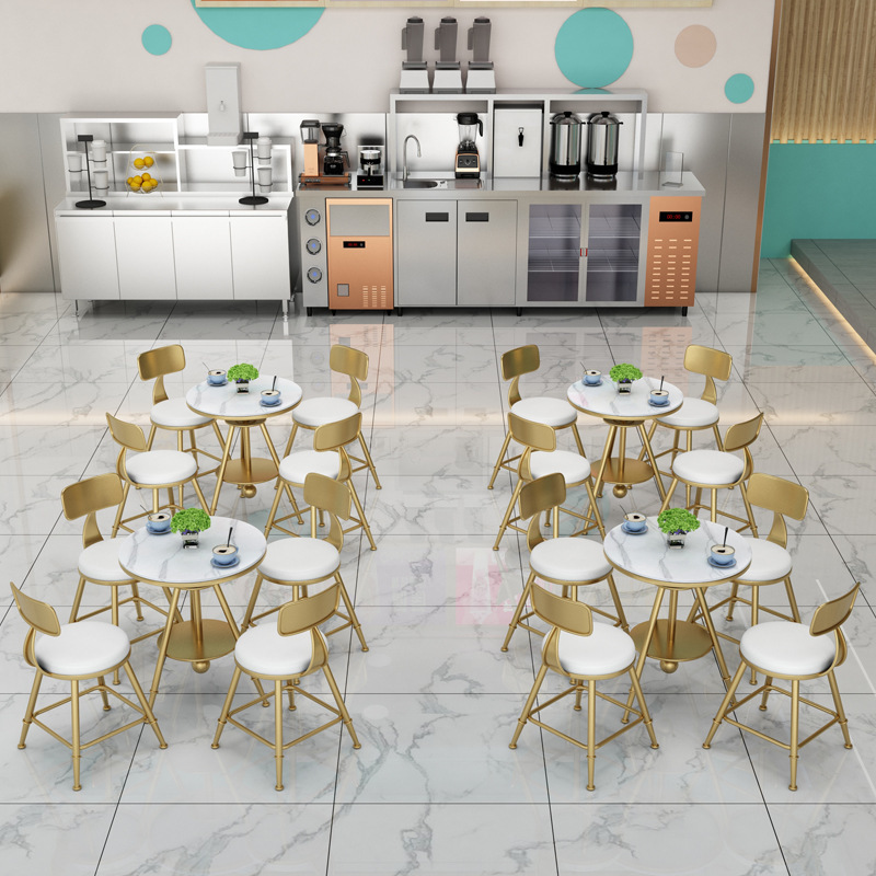 light luxury Height Adjustable White Golden Dessert Ice Cream Shop Cafe Item Table And Chair