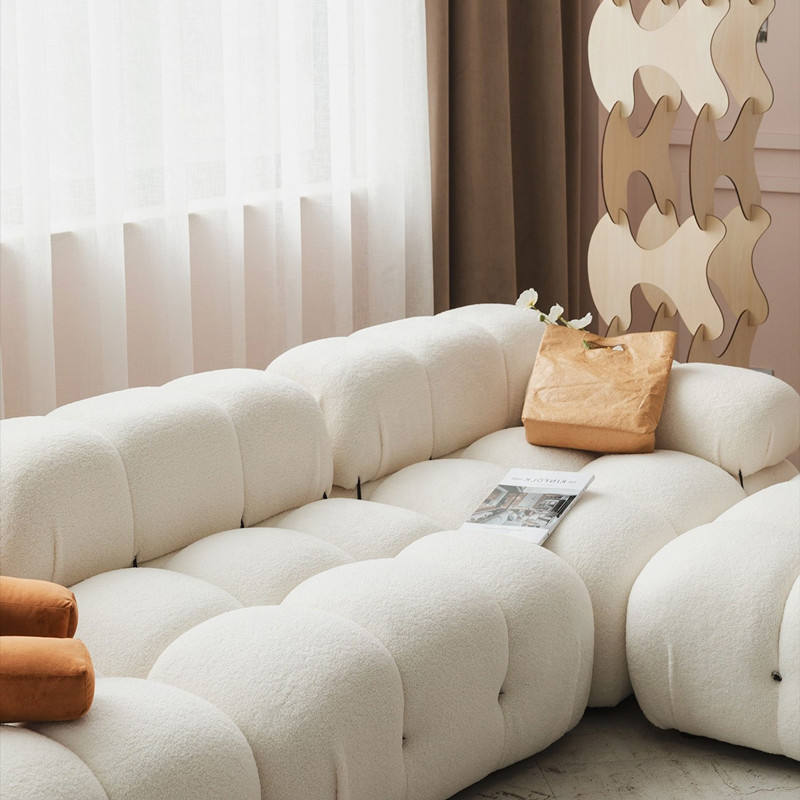 Designer Overstuffed Plush Deep Seat Bouncy Puffy Couch Cream White Teddy Boucle Sofa