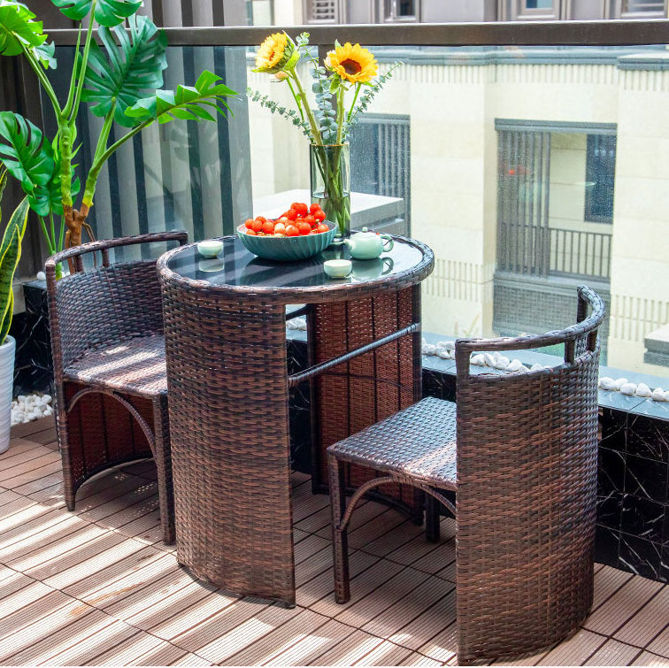 Space-saver Patio Balcony Furniture 3Pcs Rattan Outdoor Cafe Table And Chairs Set For 2