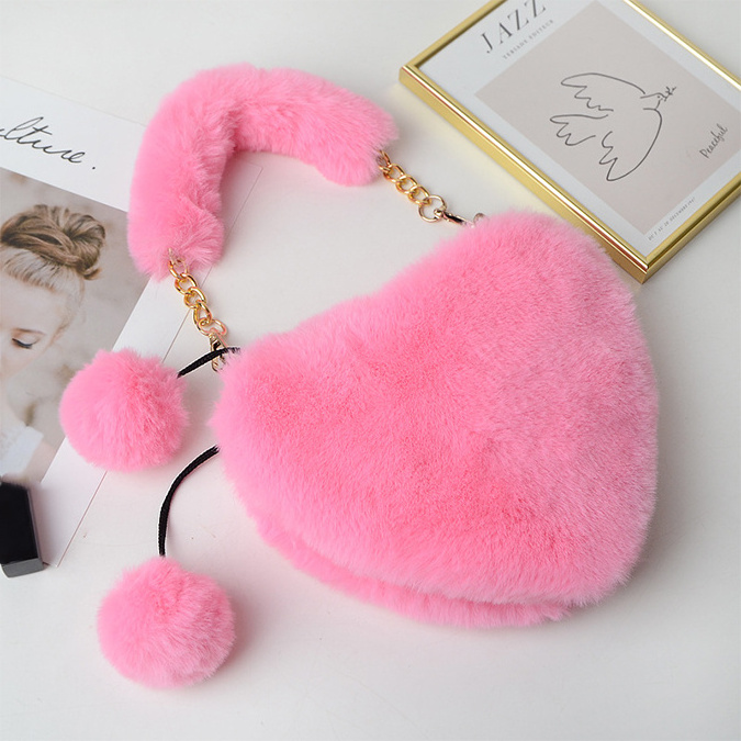 Fashion plush fluffy heart shape crossbody sling bag purse handbags quilted plush heart bag for women