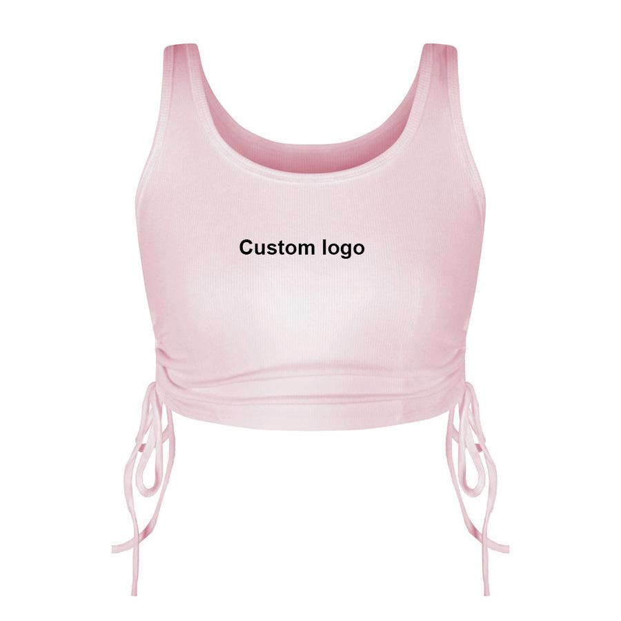 Custom Logo Women Side Drawstring Adjusted Plain Rib Tank Top Basic Cropped Vest Tops