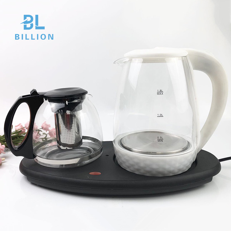 1.8L Blue LED light Glass Electric Kettle Hotel Kettle Tray Set with Coffee Pot Kettle and Tea Pot Factory