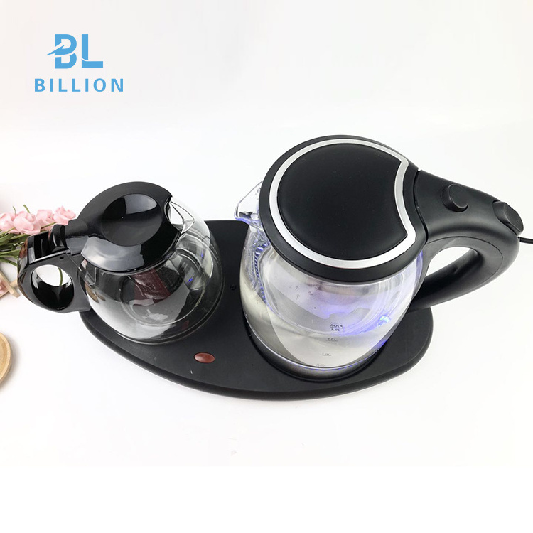 1.8L Blue LED light Glass Electric Kettle Hotel Kettle Tray Set with Coffee Pot Kettle and Tea Pot Factory