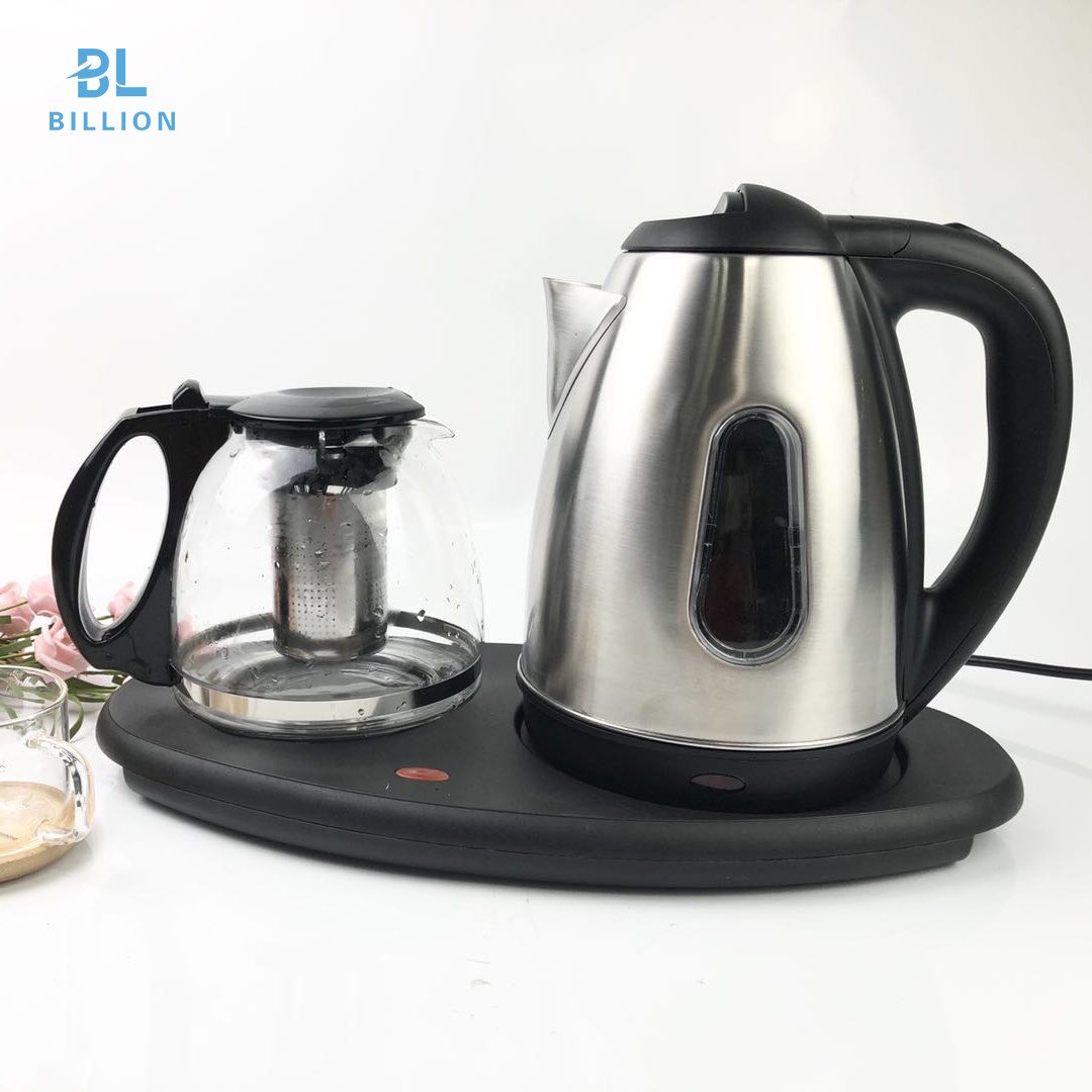 1.8L Blue LED light Glass Electric Kettle Hotel Kettle Tray Set with Coffee Pot Kettle and Tea Pot Factory