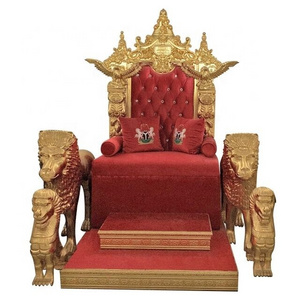 High end solid wood carving red 4 lions gold wedding royal chairs king chair throne luxury