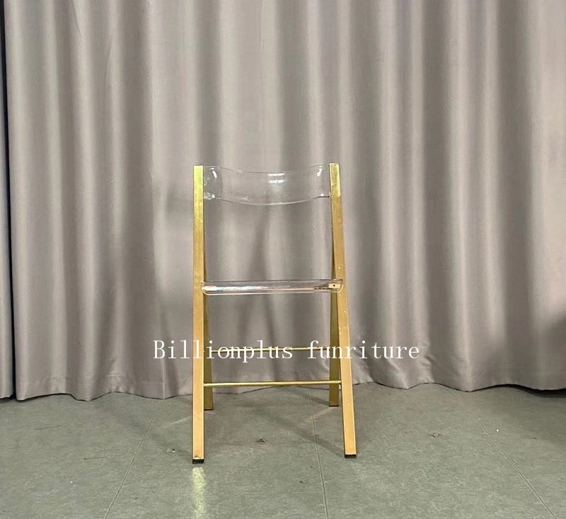 2019 Newest Quality guarantee stainless steel frame gold acrylic folding chair for events