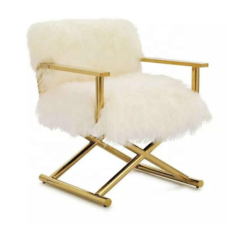 Luxurious brush gold white wool cross leg chaise lounge mongolian fur chair