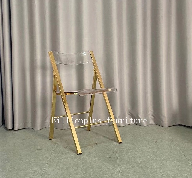 2019 Newest Quality guarantee stainless steel frame gold acrylic folding chair for events