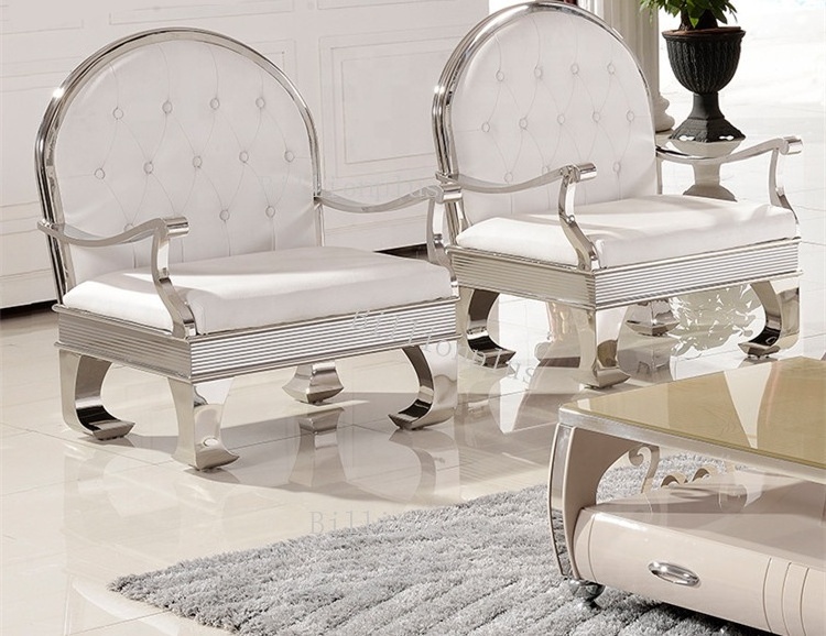 stainless steel furniture hotel lobby sofa, White leather metal living room chairs