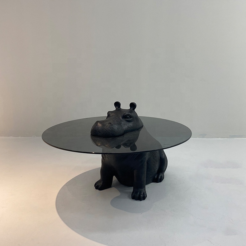 Factory Price Animal Design Round Tea Table Modern Living Room Tempered Glass hippo coffee table