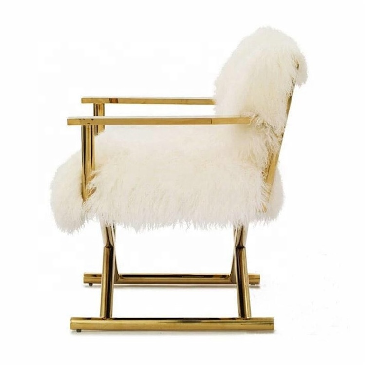 Luxurious brush gold white wool cross leg chaise lounge mongolian fur chair