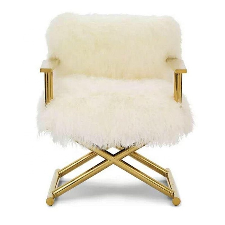 Luxurious brush gold white wool cross leg chaise lounge mongolian fur chair