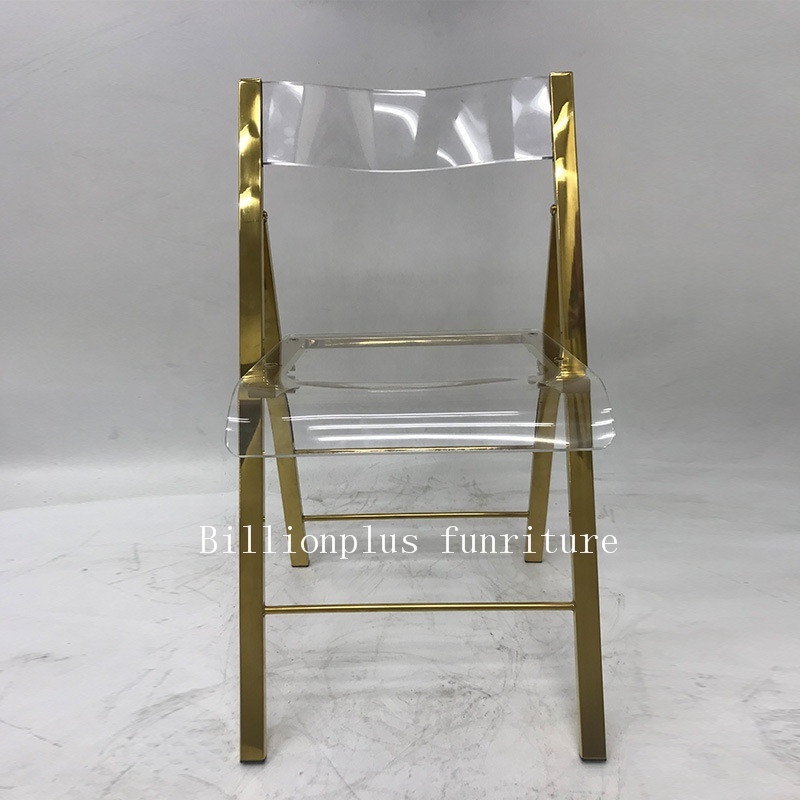 2019 Newest Quality guarantee stainless steel frame gold acrylic folding chair for events