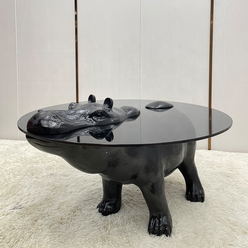 Factory Price Animal Design Round Tea Table Modern Living Room Tempered Glass hippo coffee table