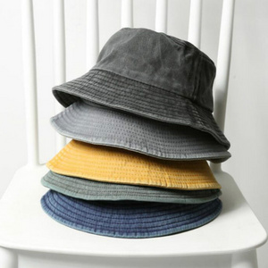 Custom big brim vintage fisherman bucket hat black blue washed jeans denim bucket hat for women men