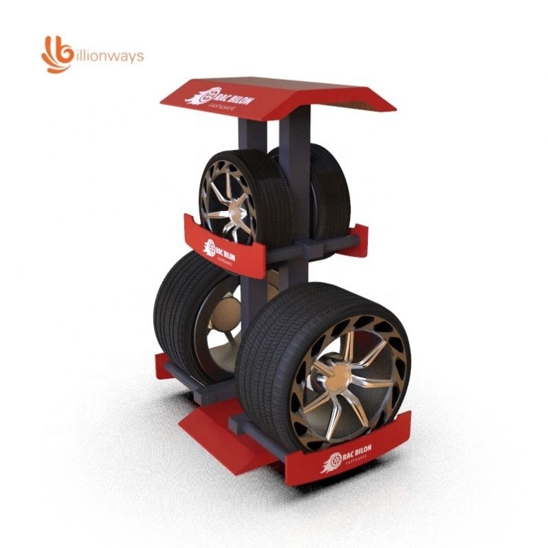 Sample Custom Exhibition Floor Standing Metal 3 Tyre Display Stand Car Tire Wheel Display Rack