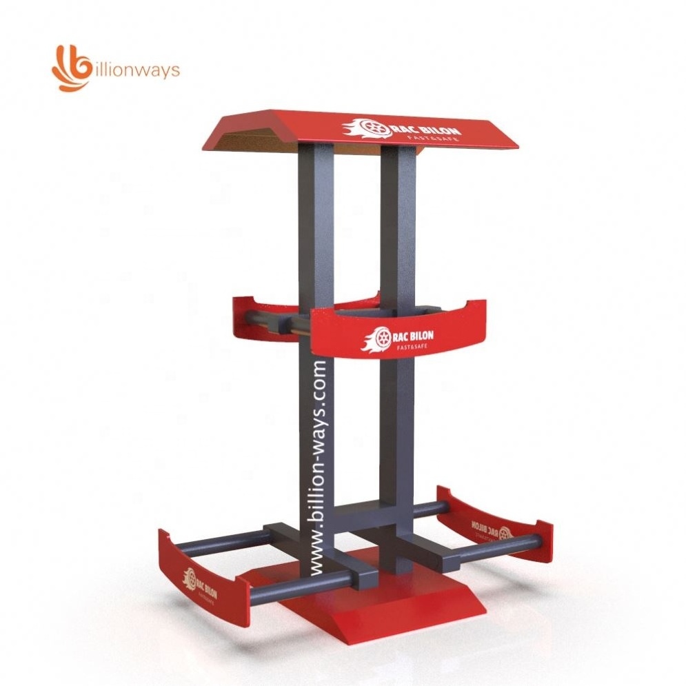 Sample Custom Exhibition Floor Standing Metal 3 Tyre Display Stand Car Tire Wheel Display Rack