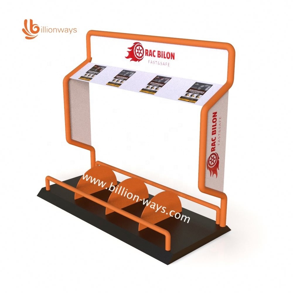 Sample Custom Exhibition Floor Standing Metal 3 Tyre Display Stand Car Tire Wheel Display Rack