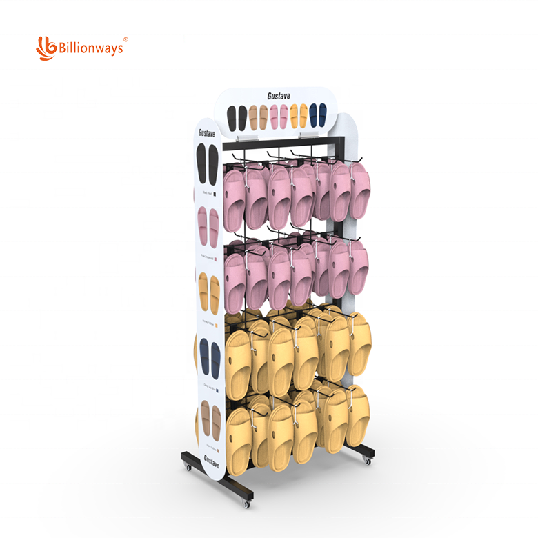 Customized Metal CD Shelf Slipper Rack Hanging Hooks Wire Grid Floor Display Stand for slipper store