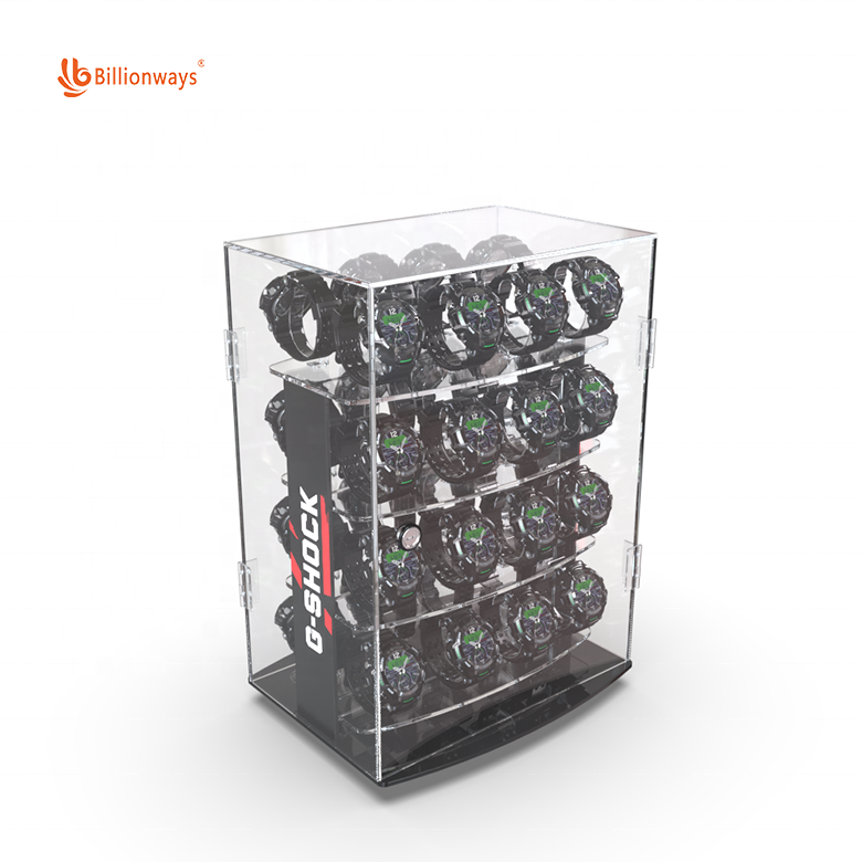 Customized rotating acrylic watch display cabinet showcase with lock and key for 24 watches