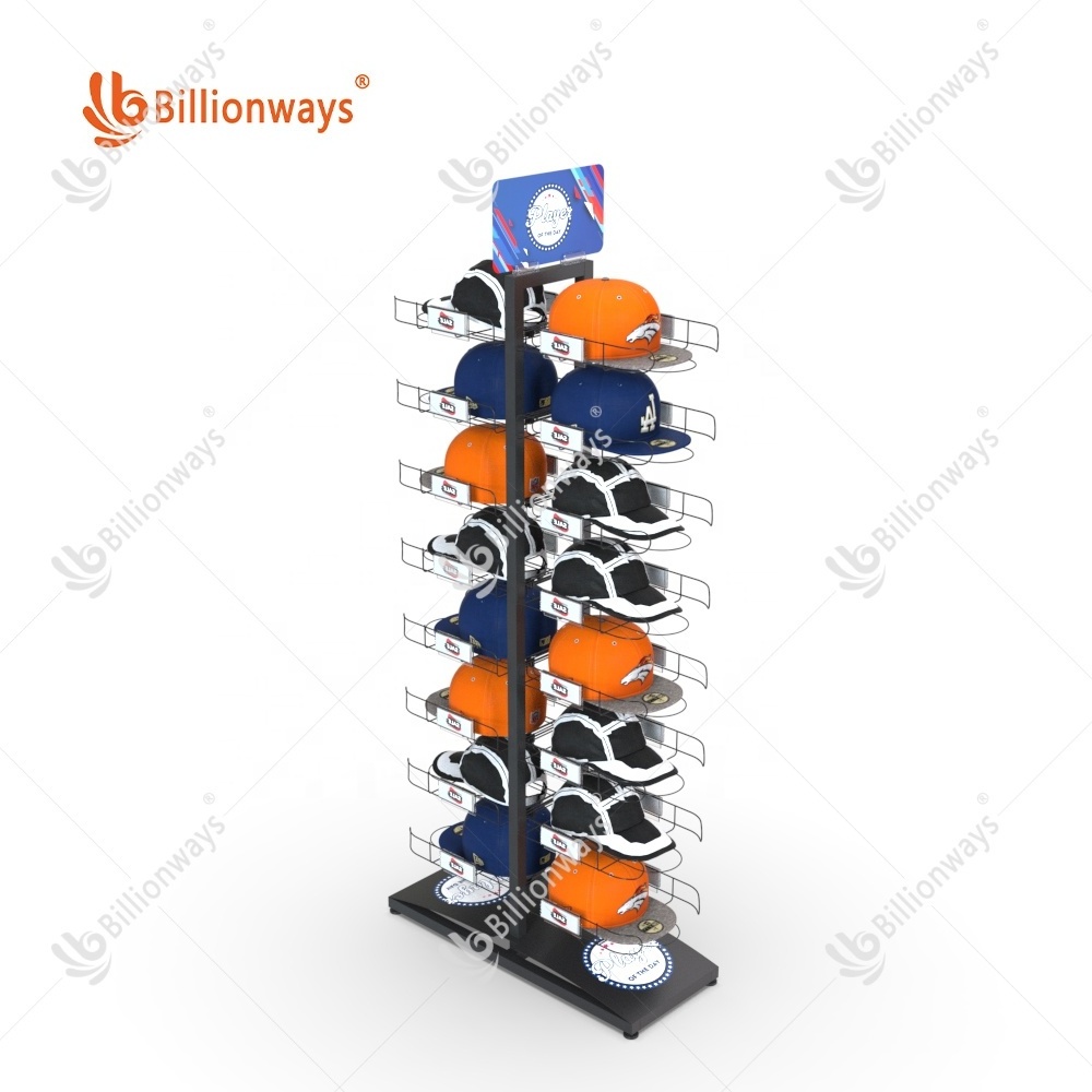 Retail store floor standing wooden shelves baseball display stand cap hat display rack