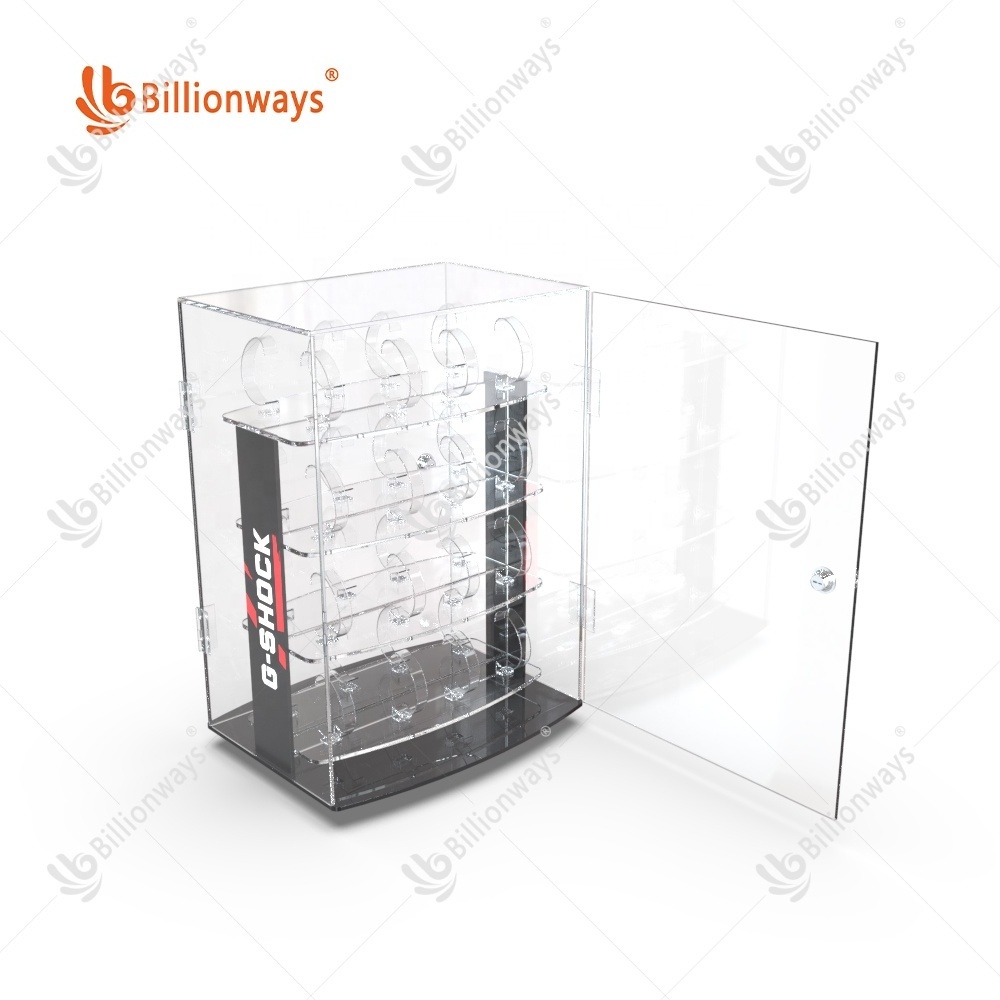 Customized rotating acrylic watch display cabinet showcase with lock and key for 24 watches