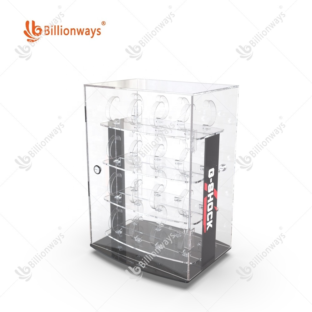 Customized rotating acrylic watch display cabinet showcase with lock and key for 24 watches