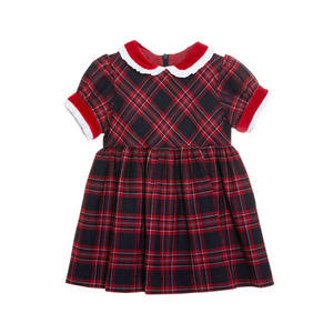 OEM Winter short sleeves party dress Turn-down red velvet Collar Girls Plaid Dress