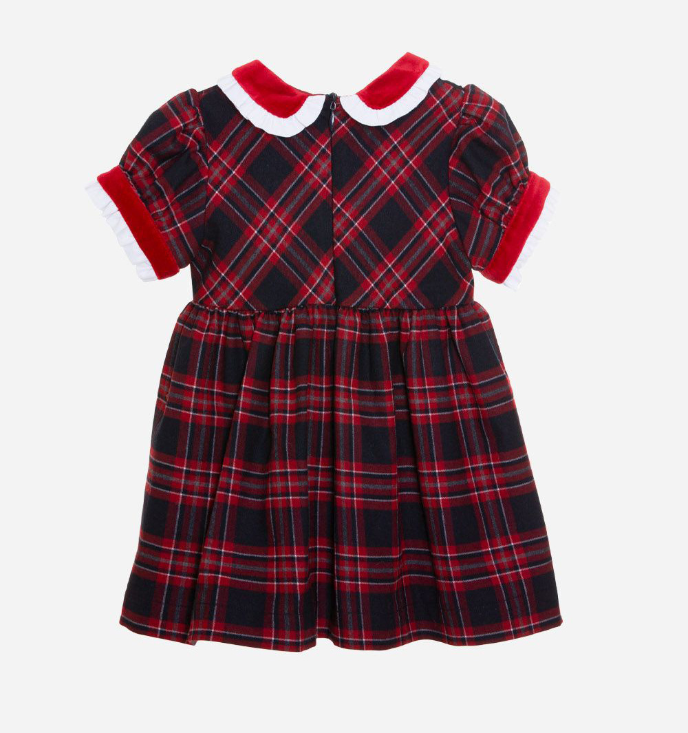 OEM Winter short sleeves party dress Turn-down red velvet Collar Girls Plaid Dress