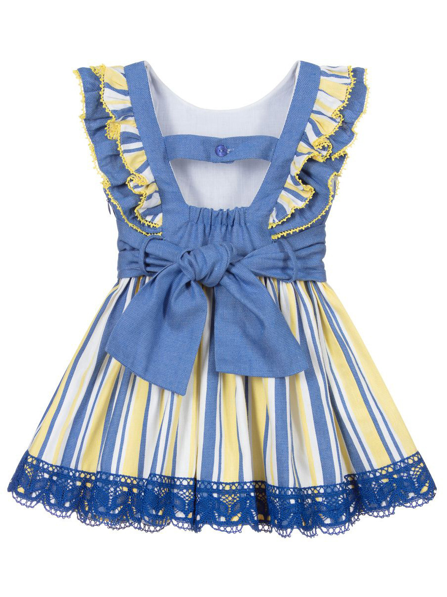 Private Label Fashion Blue With Yellow White Stripe Children's Clothing Toddler Dress Fly Sleeve Baby Girl Dress With Lace Trim