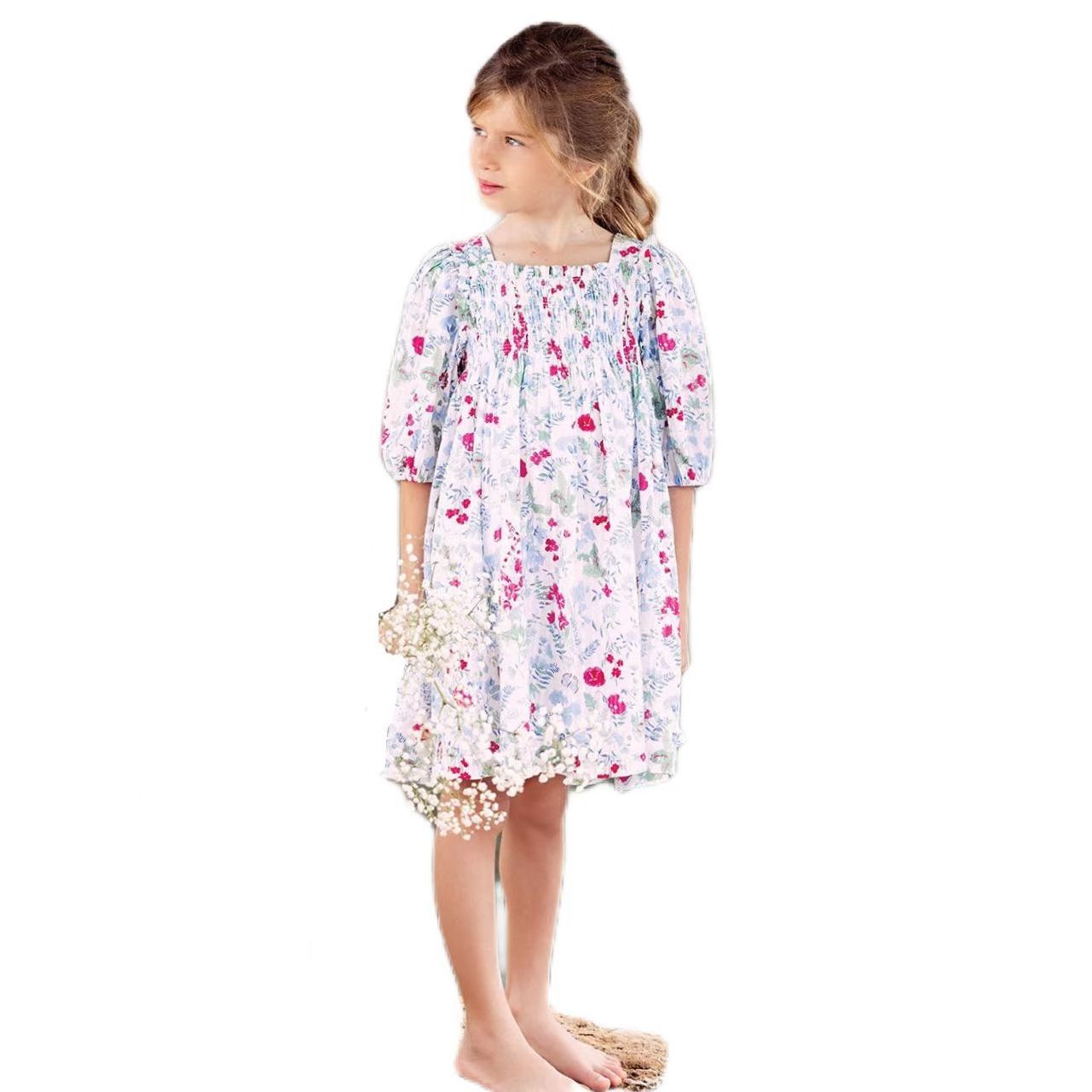 New Style Floral Dress Printing Puff Sleeve Crinkle Kids Baby Girls Party Wedding Summer Dresses Smocked Children Clothes