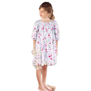 New Style Floral Dress Printing Puff Sleeve Crinkle Kids Baby Girls Party Wedding Summer Dresses Smocked Children Clothes