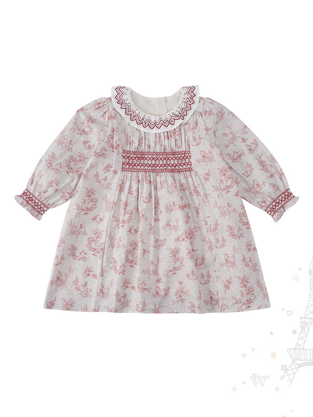 New Style Floral Dress Printing Puff Sleeve Crinkle Kids Baby Girls Party Wedding Summer Dresses Smocked Children Clothes