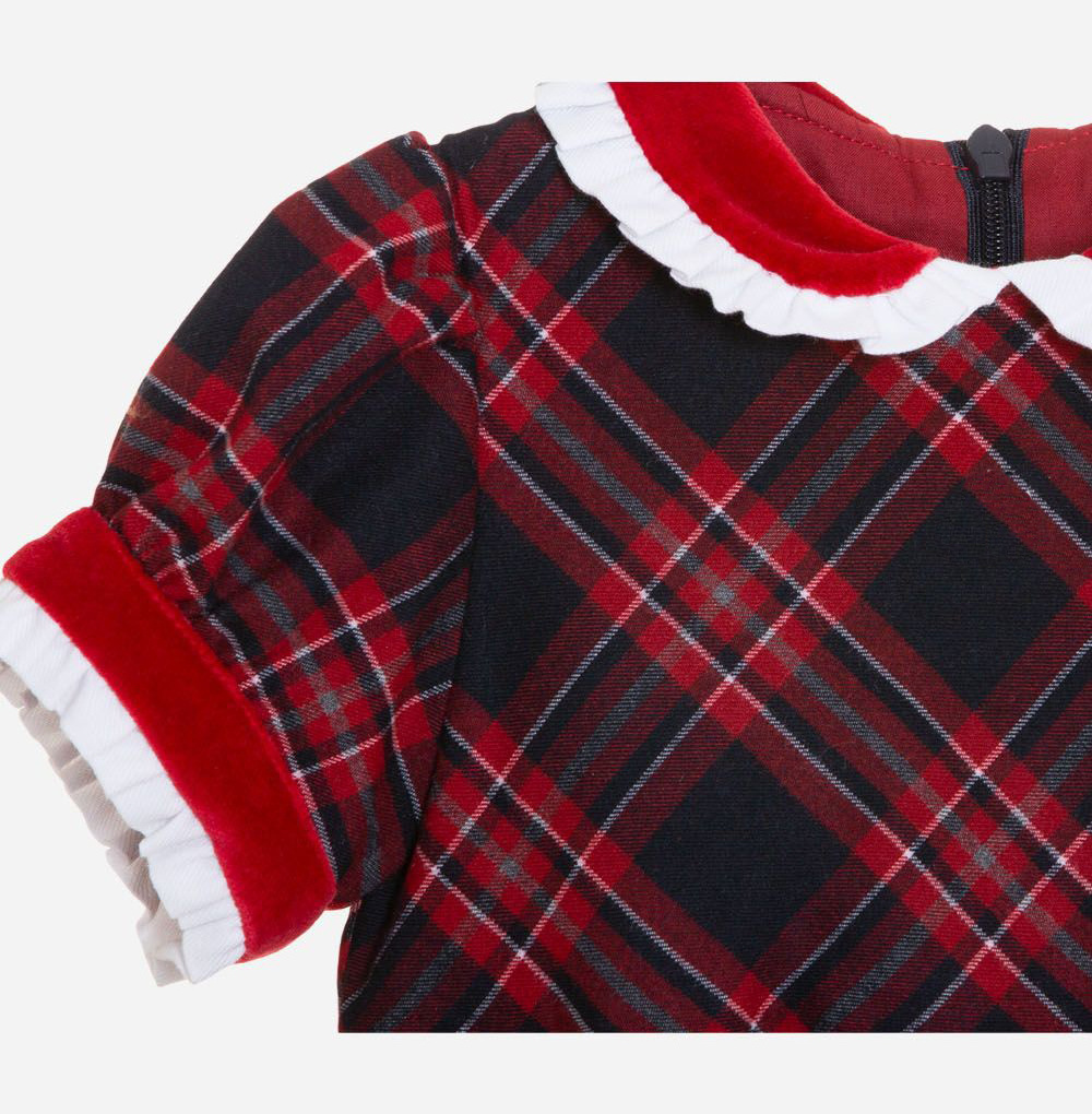 OEM Winter short sleeves party dress Turn-down red velvet Collar Girls Plaid Dress