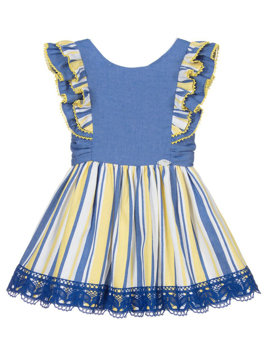 Private Label Fashion Blue With Yellow White Stripe Children's Clothing Toddler Dress Fly Sleeve Baby Girl Dress With Lace Trim