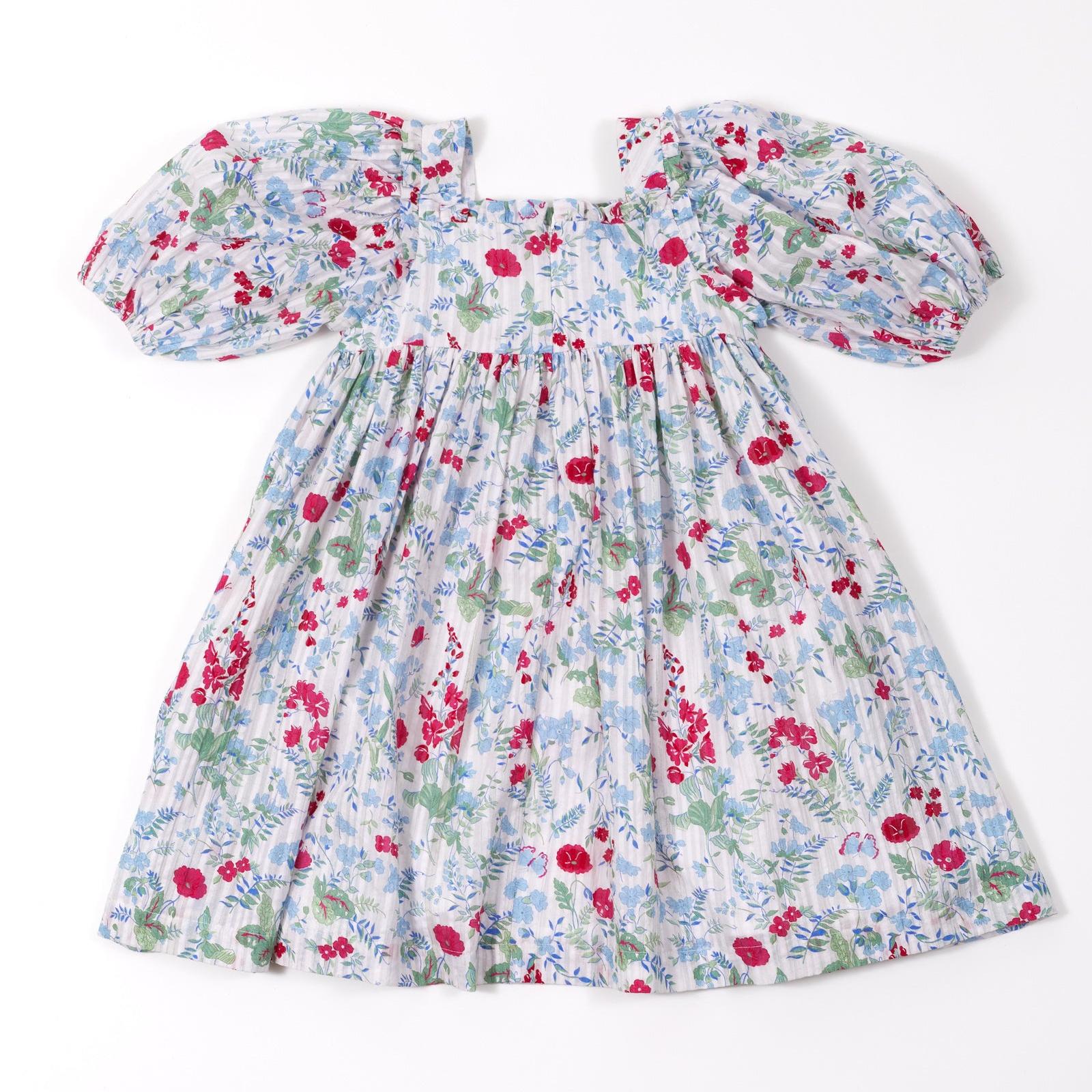 New Style Floral Dress Printing Puff Sleeve Crinkle Kids Baby Girls Party Wedding Summer Dresses Smocked Children Clothes