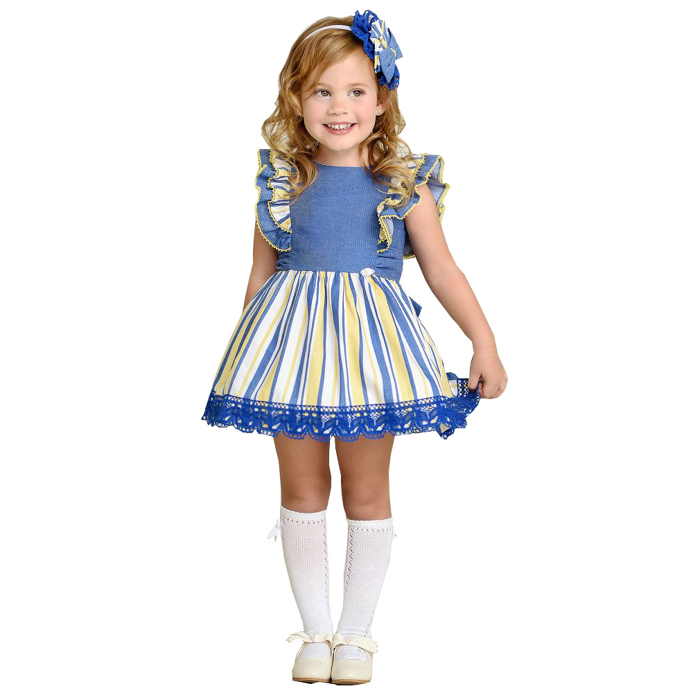 Private Label Fashion Blue With Yellow White Stripe Children's Clothing Toddler Dress Fly Sleeve Baby Girl Dress With Lace Trim