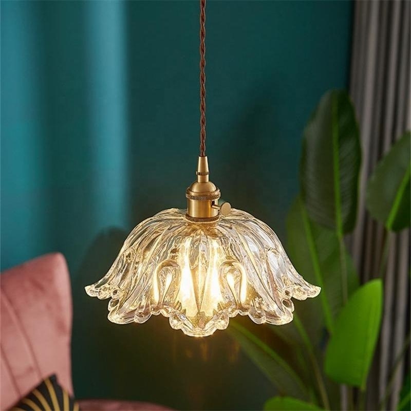 Japanese Nordic style single head glass flower chandelier retro brass fresh bar porch restaurant lighting